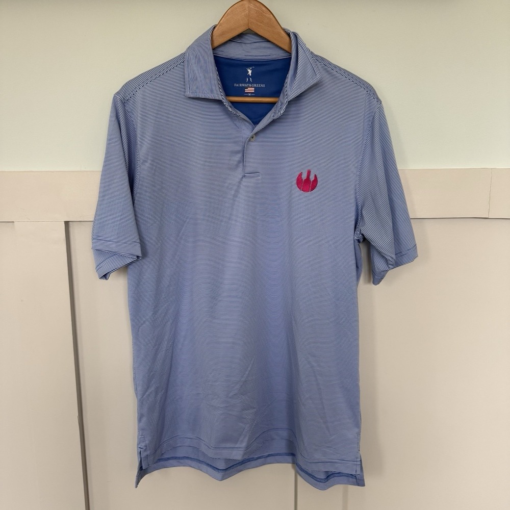Fairway & Greene Polo‎ Shirt Men's MED Blue Striped Casual Golf Preppy Logo